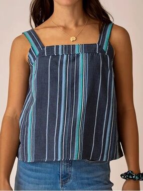 Carve Designs Liv Navy Striped Square-Neck Tank with Teal Accents NWT